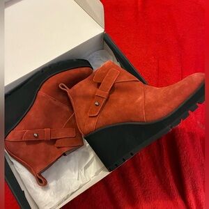 Eileen Fisher Red Rust Suede Wedge Ankle Boot
